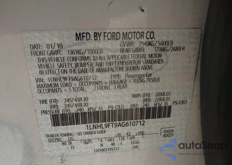 2010 Lincoln Mks Ecoboost z USA, uszkodzony, nr VIN 1LNHL9FT9AG610712